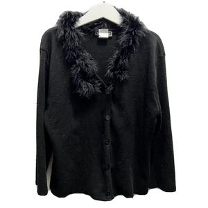 Vintage 90s Y2K Black Sweater with Furry Fuzzy Collar Cardigan size medium